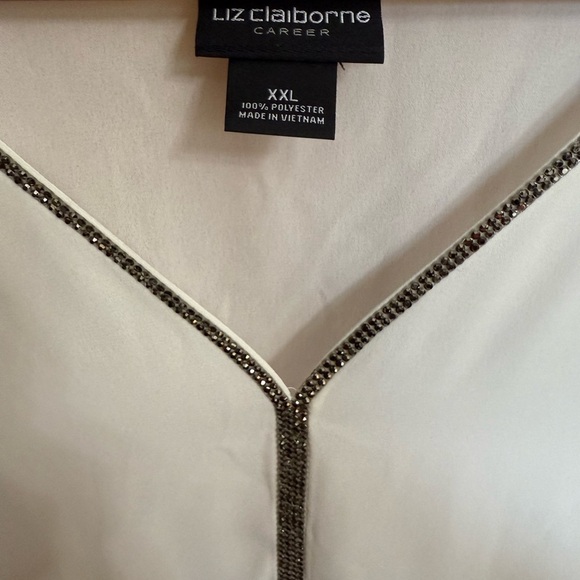 Liz Claiborne White Long Sleeve Blouse with Silver Trim V-Neck - Picture 3 of 5